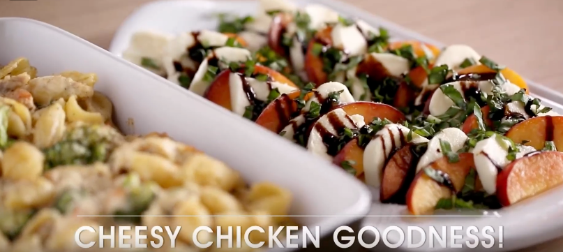 Creamy Chicken Cheddar Shells Paired with a Bright Peach Caprese Salad