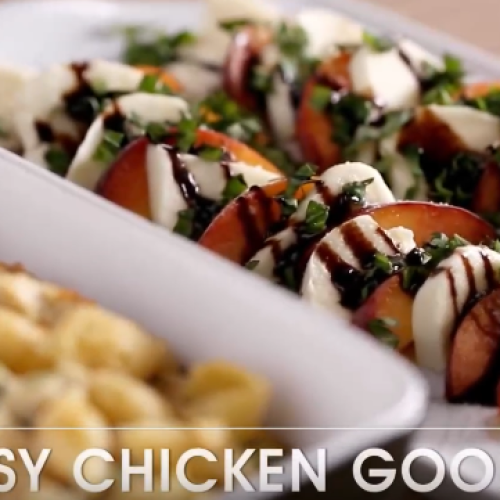 Creamy Chicken Cheddar Shells Paired with a Bright Peach Caprese Salad