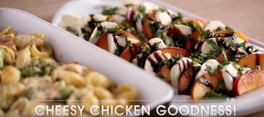 Creamy Chicken Cheddar Shells Paired with a Bright Peach Caprese Salad